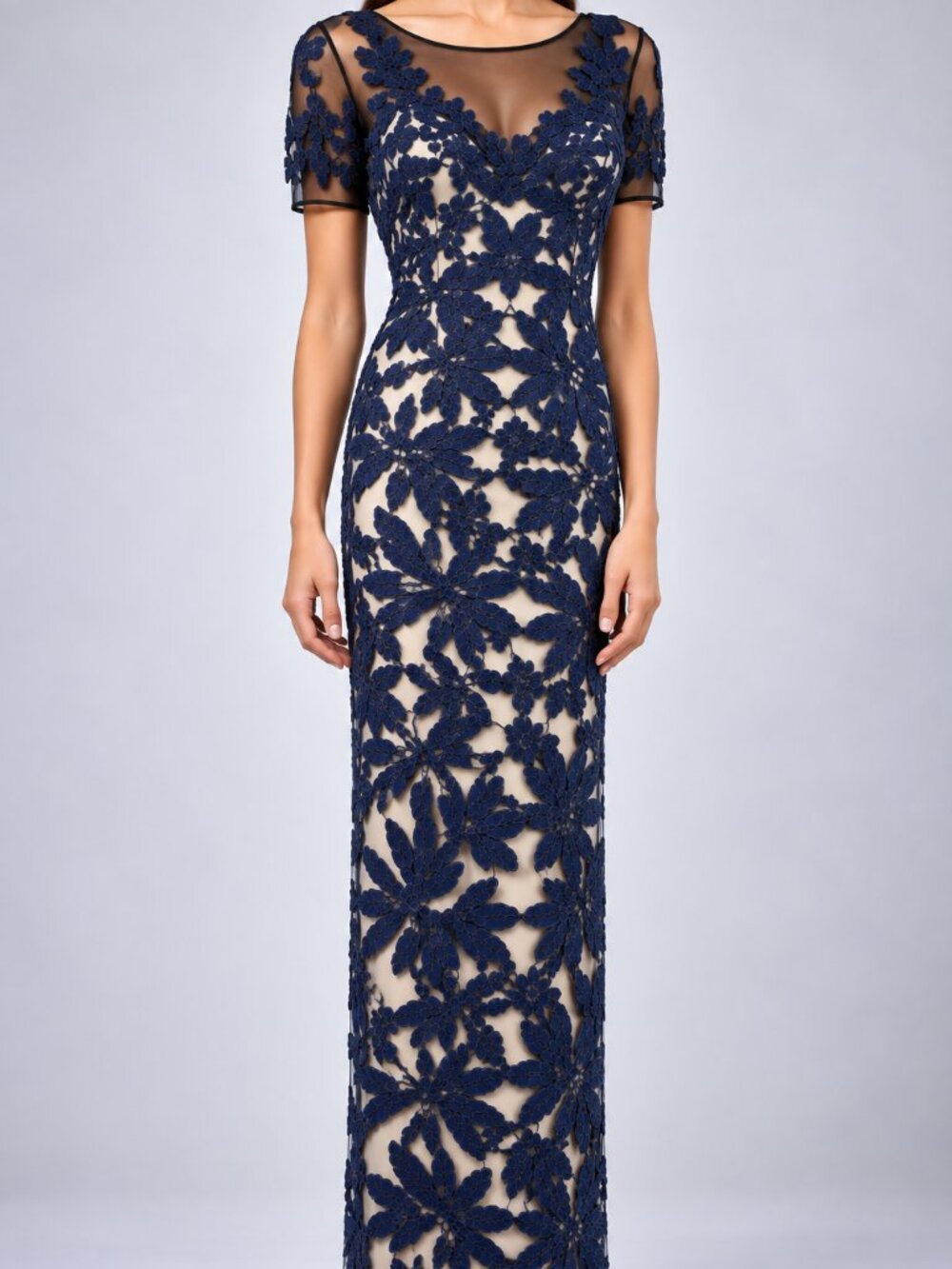 JS Collections Jade Navy Embroidered Sheath Dress | Long Formal Evening Gown